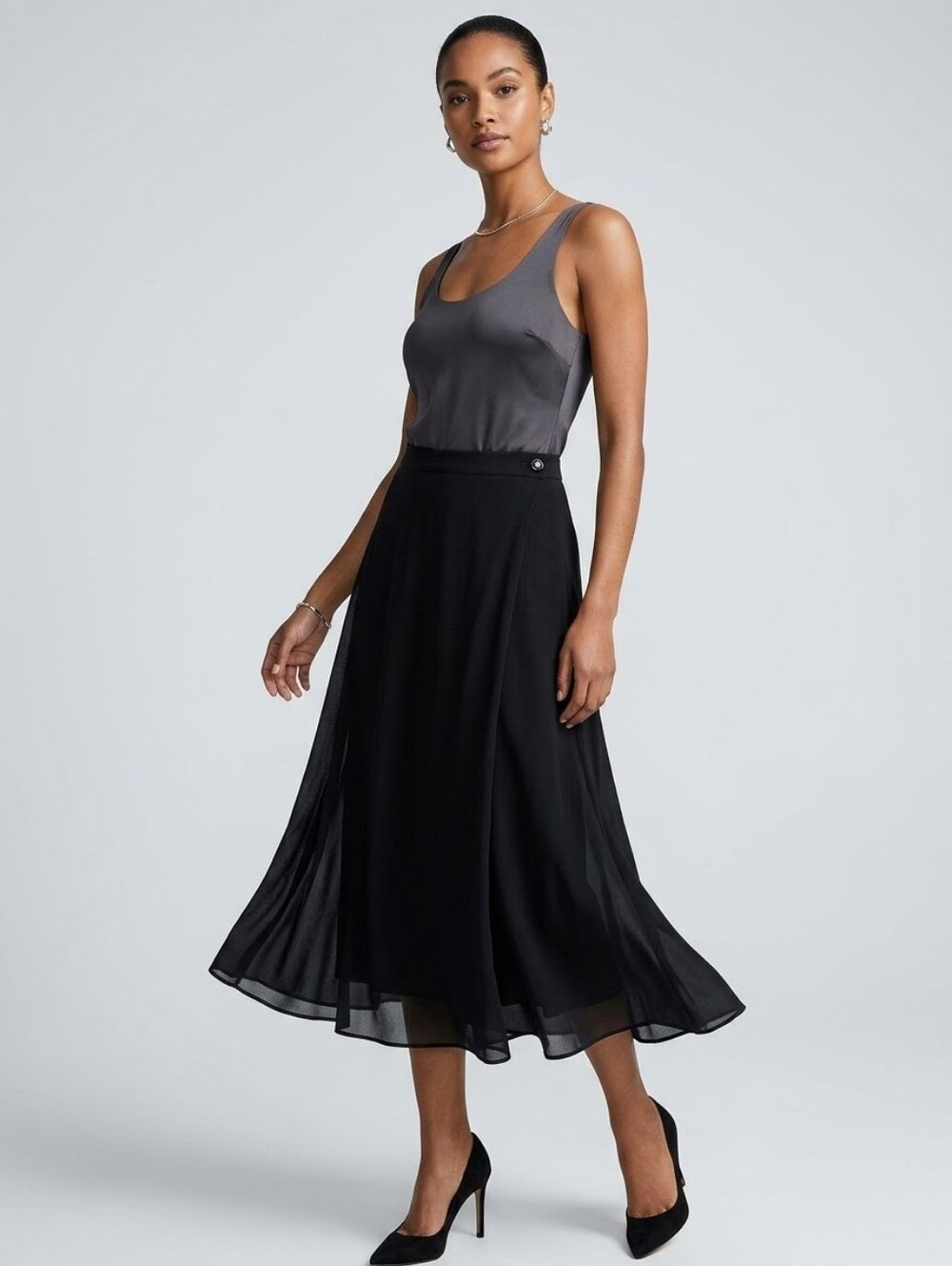 Nygard Black Semi Sheer Wrap Skirt Flowy Midi Button Detail Sz 12